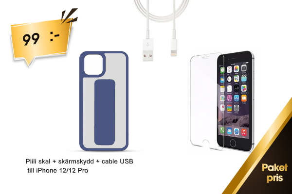 piili skal + skärmskydd + kabel USB för iPhone 12/12 Pro